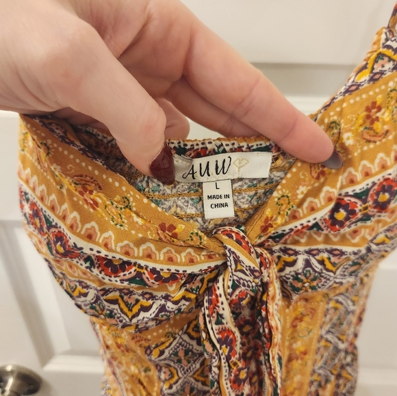 Auw Floral Yellow Red Jumpsuit Size Large Adjustanle Speggeti Straps Boho - Picture 4 of 8